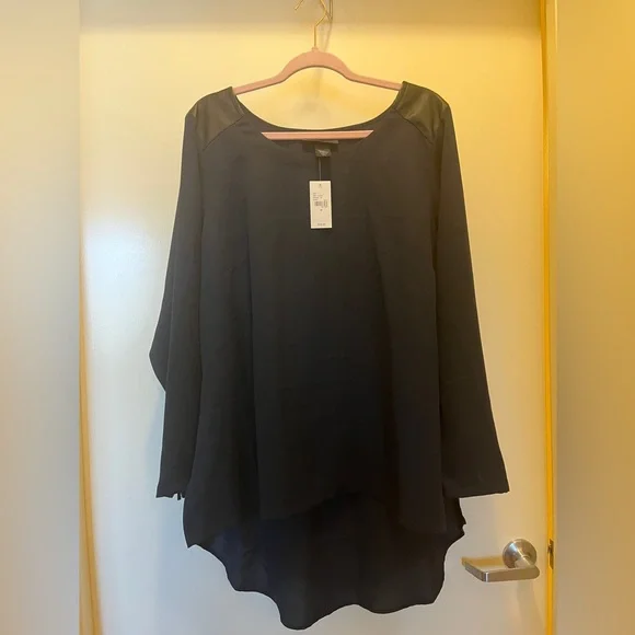 Lane Bryant blue blouse long sleeves with zipper & faux leather shoulder accents - Picture 1 of 4